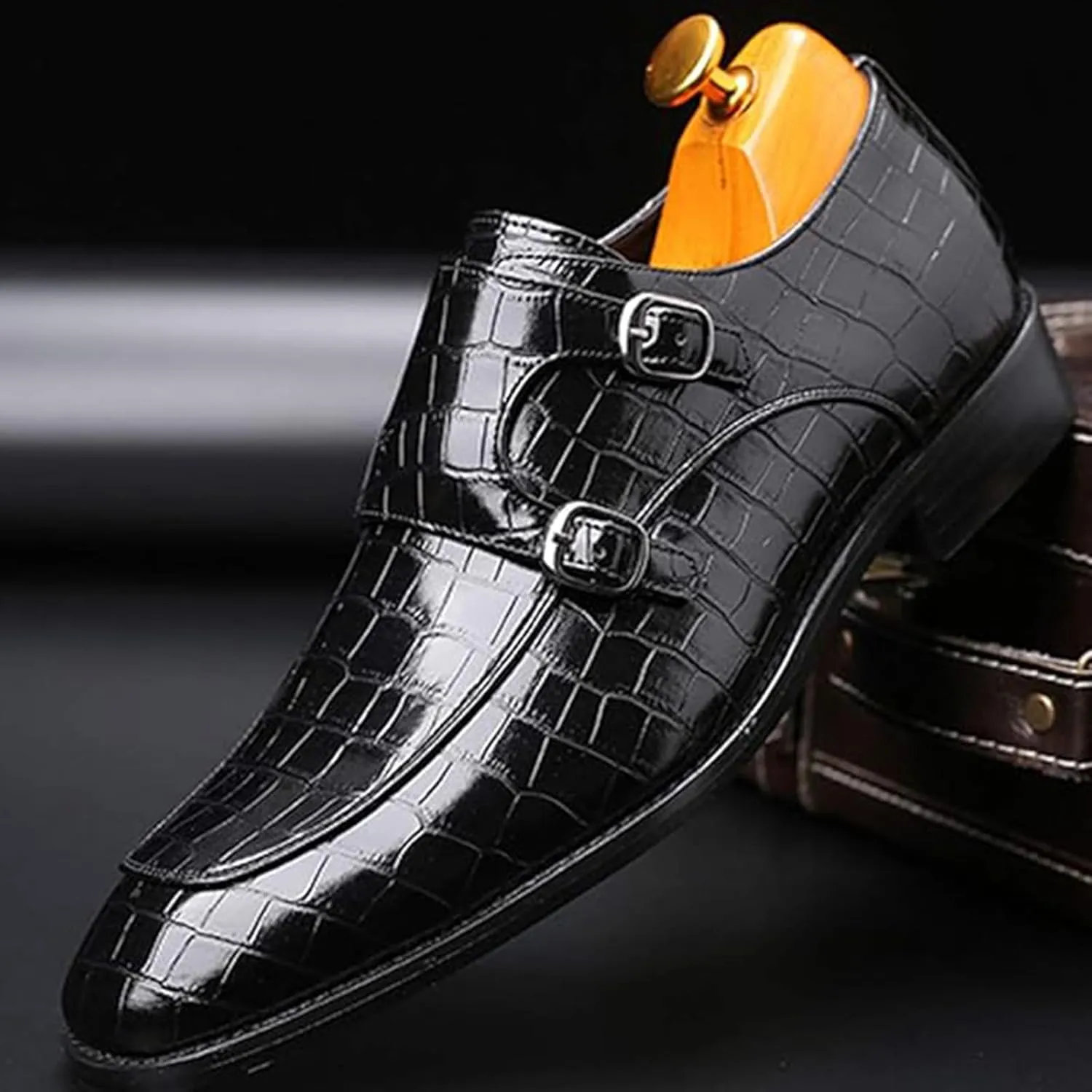 Mens Double Monk Strap Slip On Dress Loafers Leather Oxford Formal Business Casual Comfortable Wedding Shoes