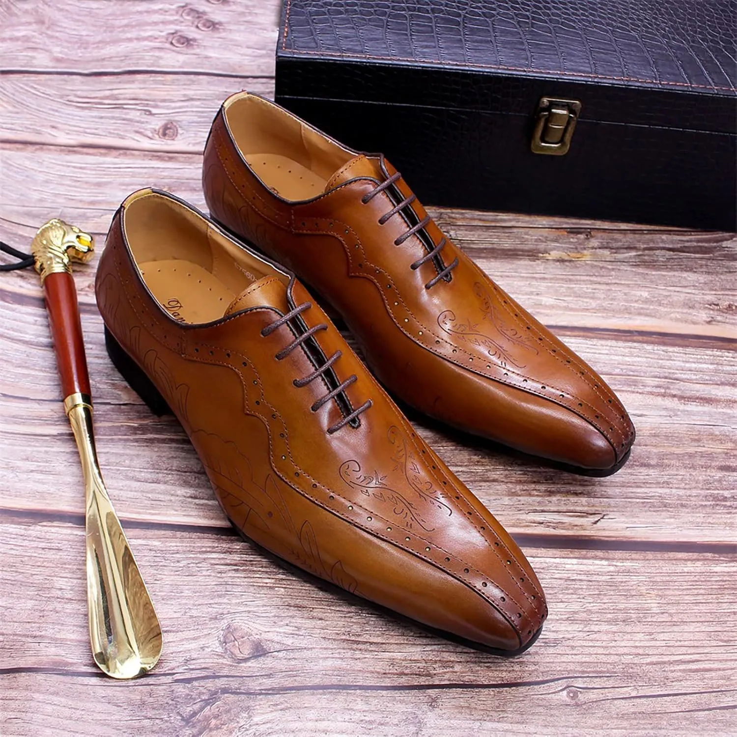 Men's Formal Dress Shoes Breathable Brogues Derbys Classic Oxfords Leather Lace-ups,Brown-40
