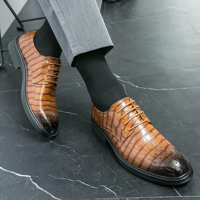 Men's Genuine Leather Oxford Shoes - Retro Pointed Chunky Heel Non-Slip Business Dress Shoes for Men