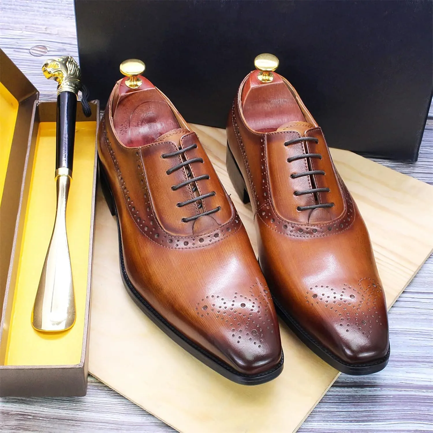 Men's Lace-up Brogues Casual Oxfords Formal Derbys Breathable Leather Dress Shoes,Brown-40