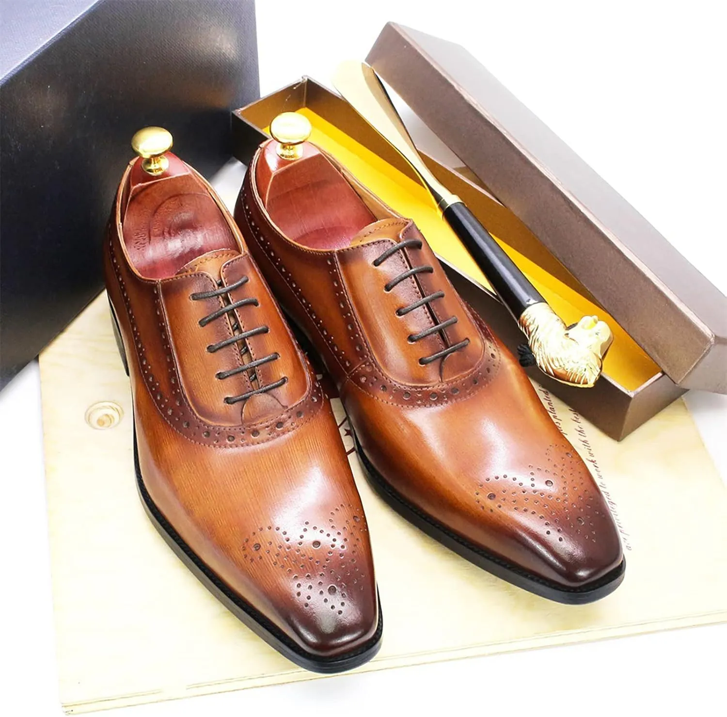 Men's Lace-up Brogues Casual Oxfords Formal Derbys Breathable Leather Dress Shoes,Brown-40