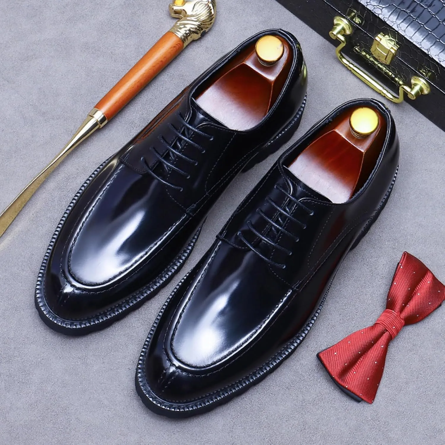 Men's Lace-Up Shoes, Derbys Handmade Genuine Leather Shoes Business Casual Formal Shoes Thick Sole Low Top Gentleman Comfortable Breathable Shoes, 41 EU,Black