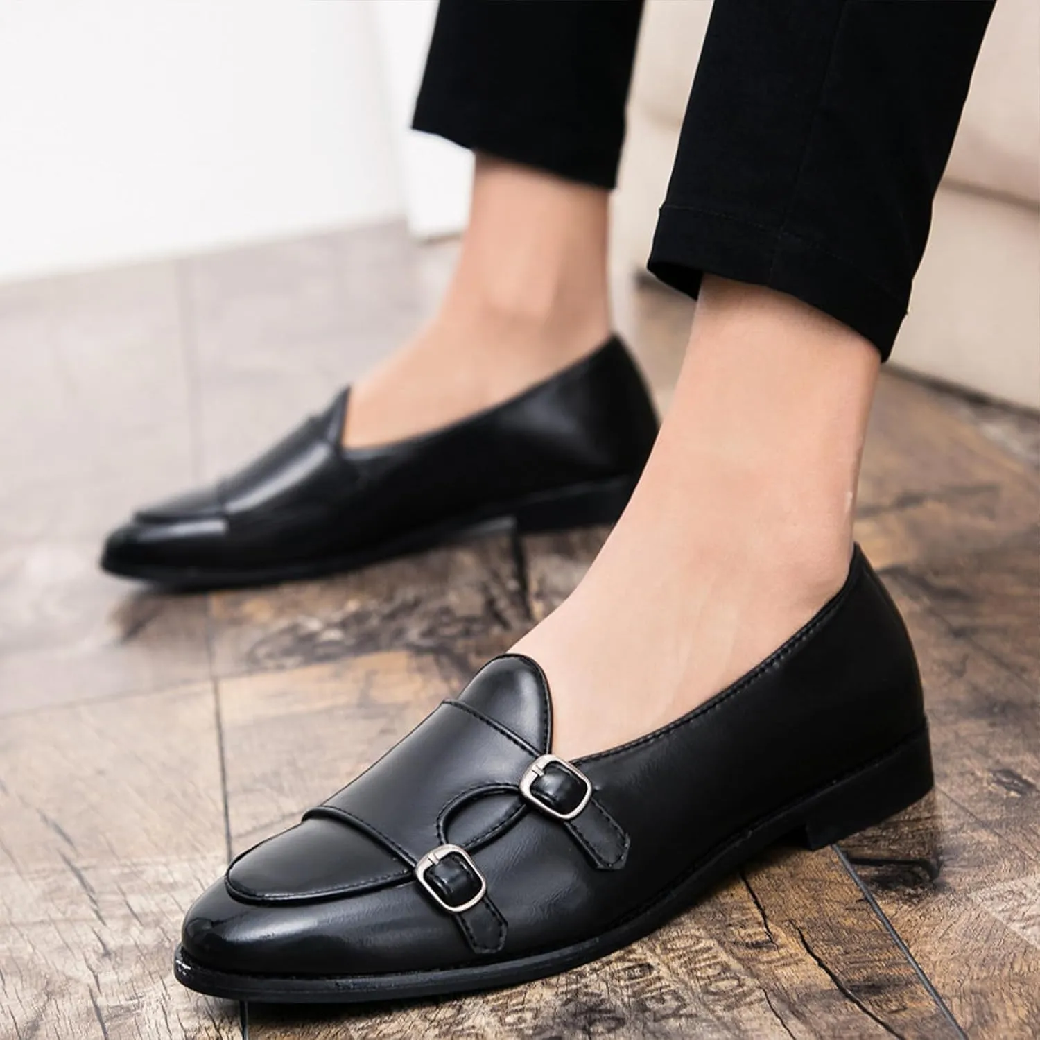 Men's Monk Strap Loafer Leather Slip-On Shallow Mouth Backless Oxford Shoes Casual Business Dress Shoes
