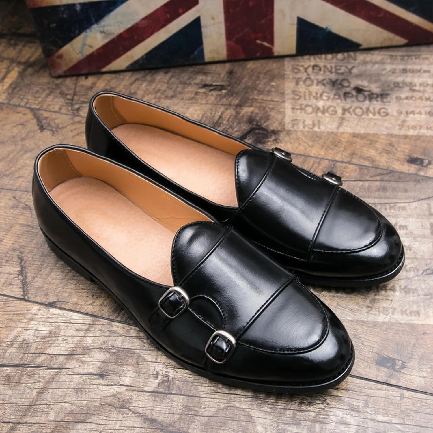 Men's Monk Strap Loafer Leather Slip-On Shallow Mouth Backless Oxford Shoes Casual Business Dress Shoes
