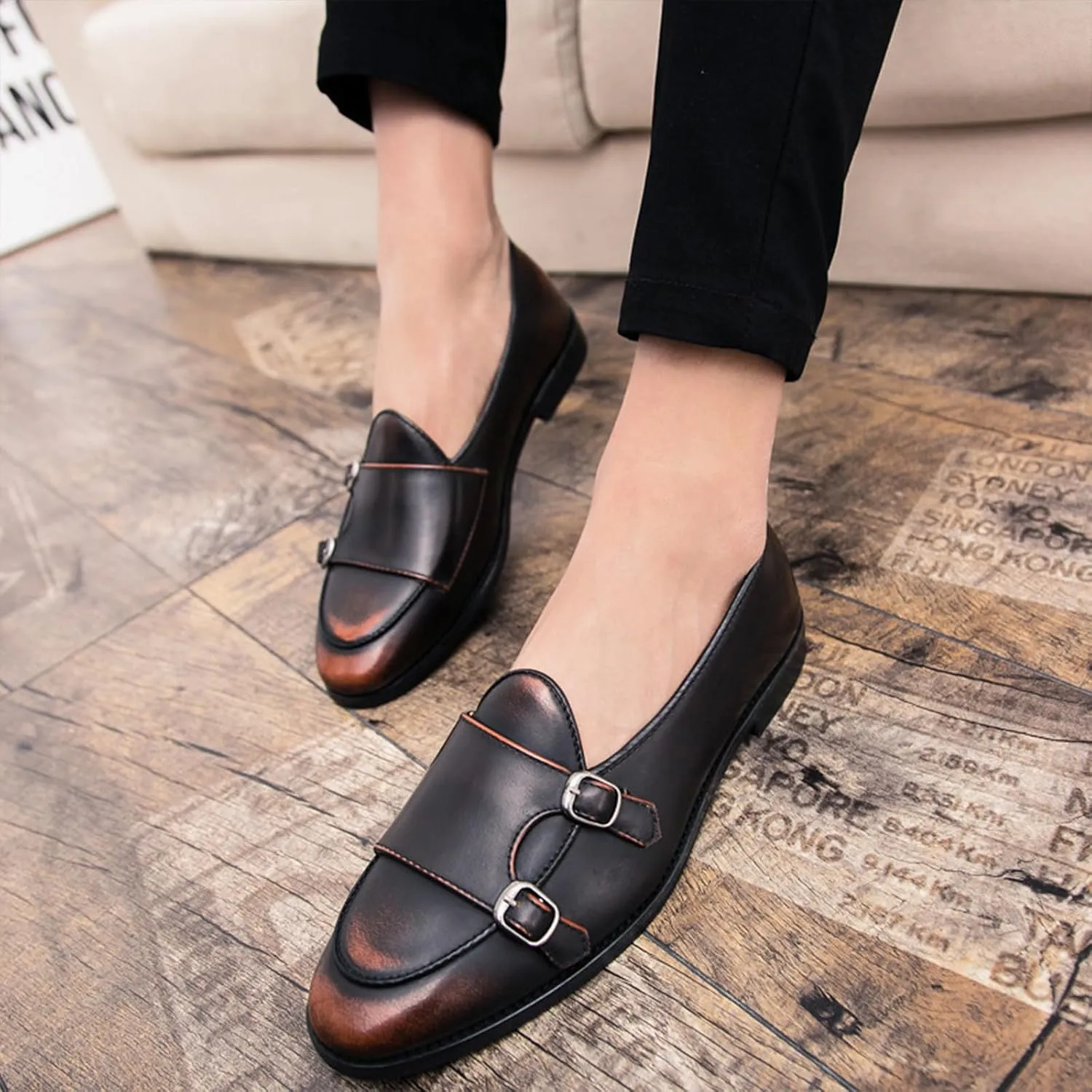 Men's Monk Strap Loafer Leather Slip-On Shallow Mouth Backless Oxford Shoes Casual Business Dress Shoes