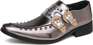 Men's Patent Leather Pointed Dual Monk Straps Loafers Rivets Slip-on Non-Slip Waterproof Arch Support Oxford Formal Business Dress Shoes