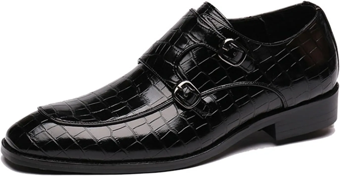 Mens Print Double Monk Strap Loafer Fashion Slip-On Dress Oxford Shoes Comfortable Round Toe Low Block Heel Formal Business Casual Leather Shoes