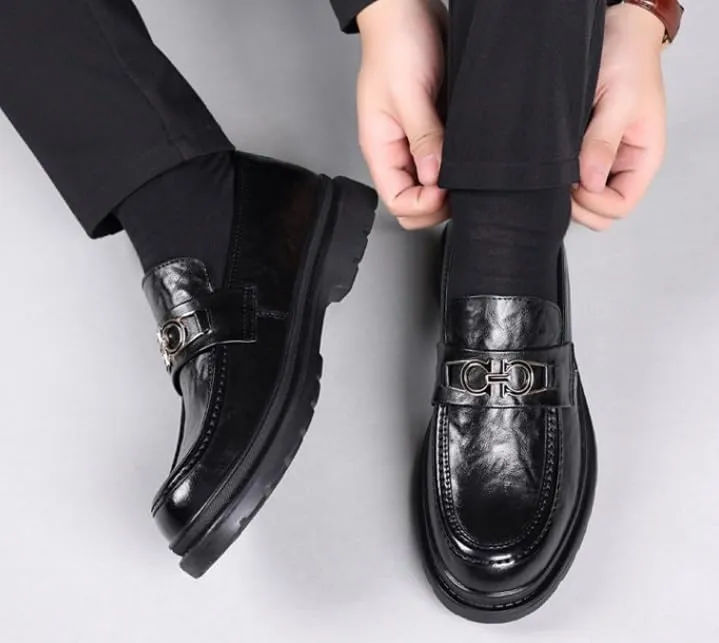 Men’s Slip-On Oxford Shoes Genuine Leather Platform Dress Shoes Business Casual Wingtip Brogue for Men