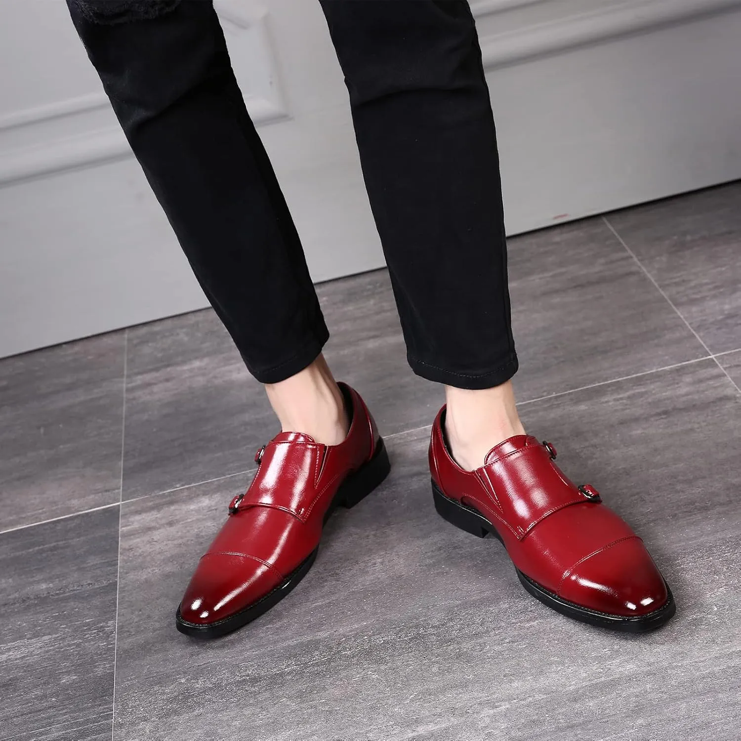 Men's Smart Monk Brogues Genuine Leather Wooden Heel Formal Dress Shoes