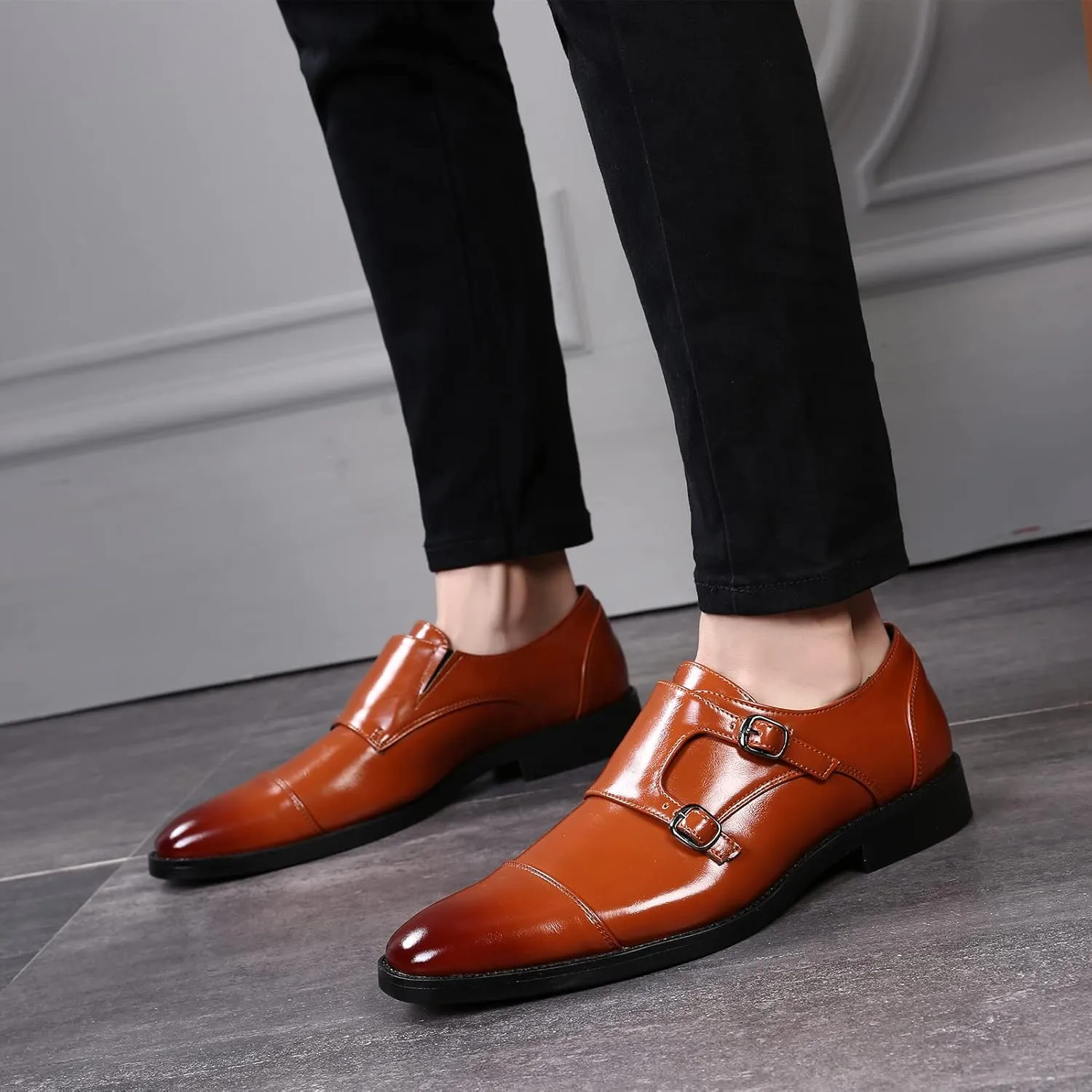 Men's Smart Monk Brogues Genuine Leather Wooden Heel Formal Dress Shoes
