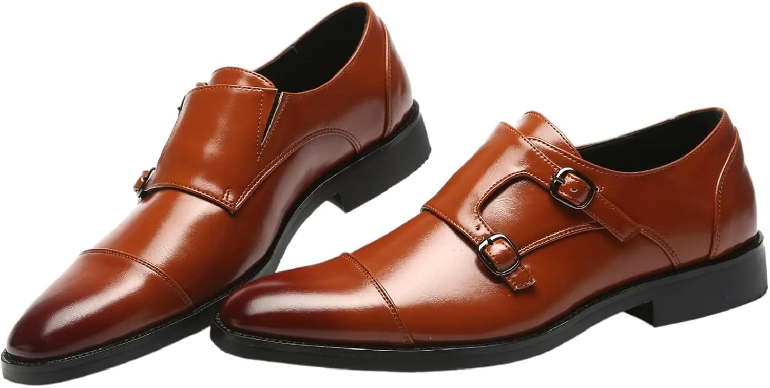Men's Smart Monk Brogues Genuine Leather Wooden Heel Formal Dress Shoes