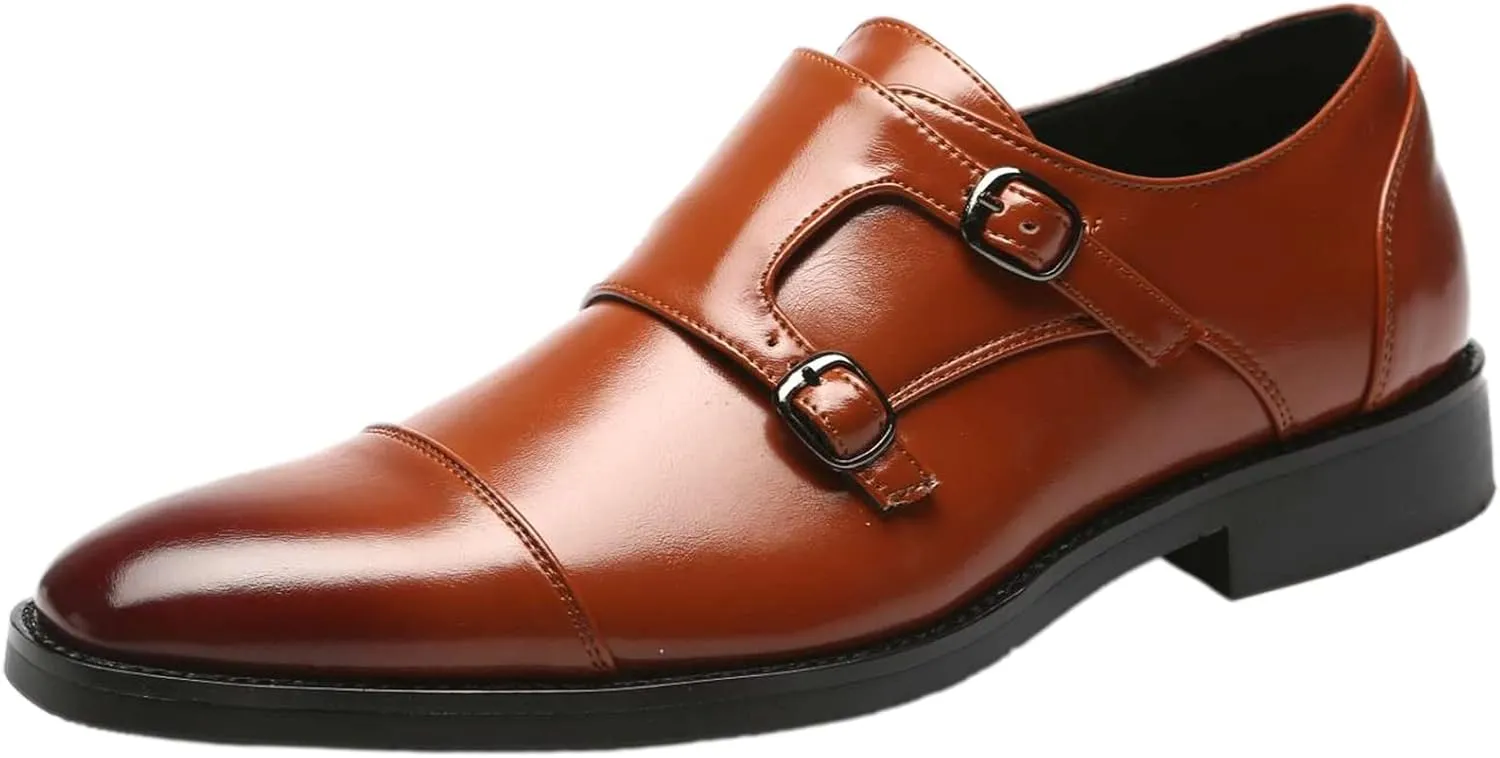 Men's Smart Monk Brogues Genuine Leather Wooden Heel Formal Dress Shoes