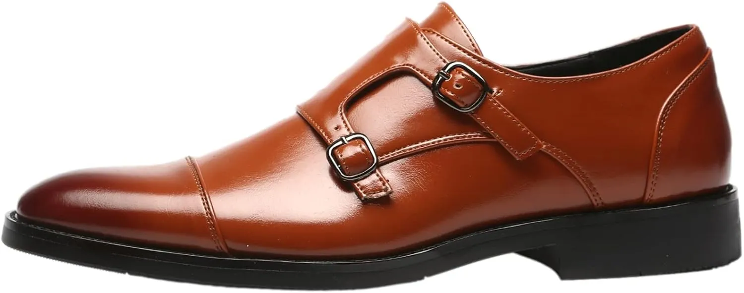 Men's Smart Monk Brogues Genuine Leather Wooden Heel Formal Dress Shoes