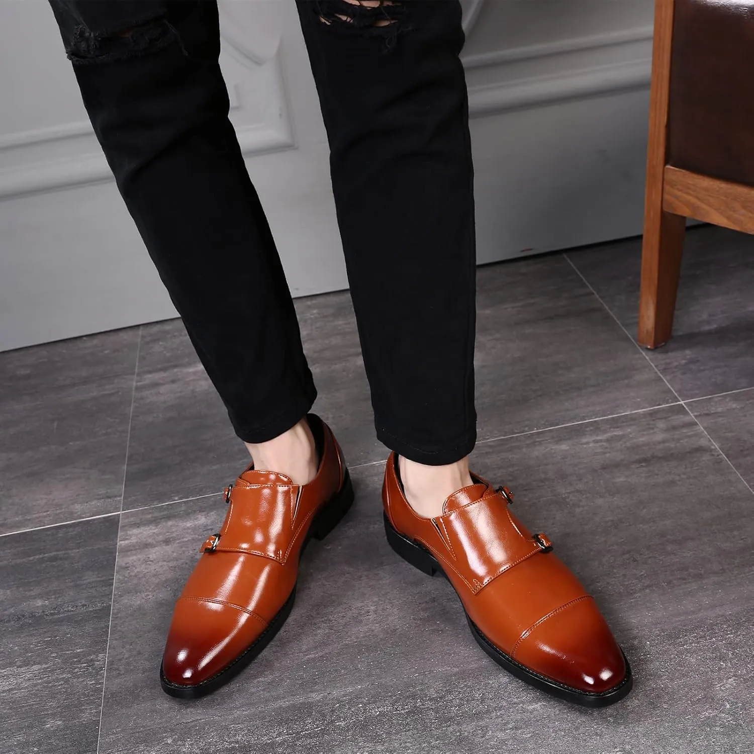 Men's Smart Monk Brogues Genuine Leather Wooden Heel Formal Dress Shoes