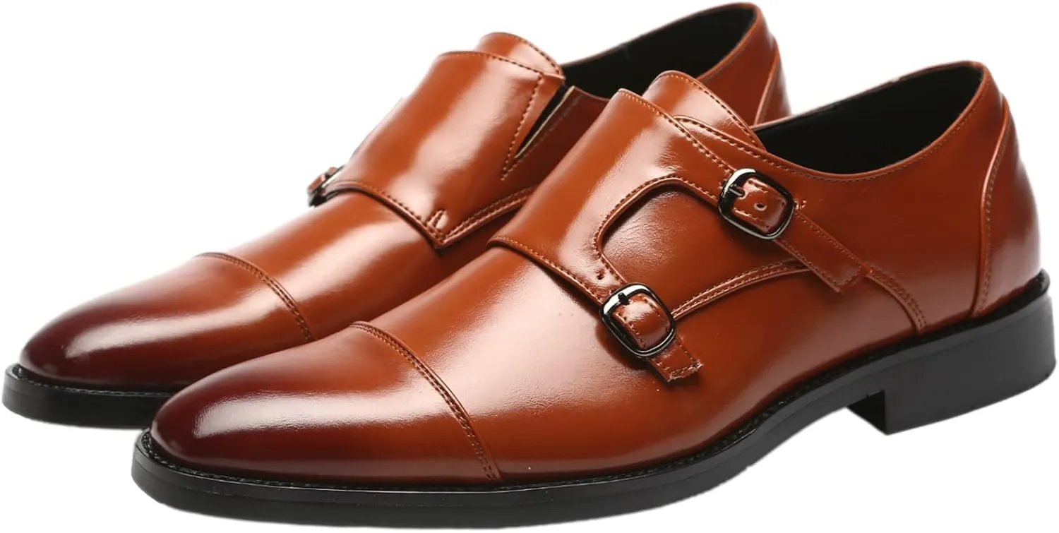 Men's Smart Monk Brogues Genuine Leather Wooden Heel Formal Dress Shoes