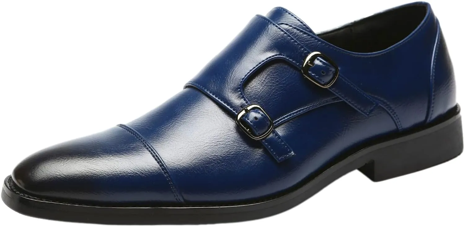 Men's Smart Monk Brogues Genuine Leather Wooden Heel Formal Dress Shoes