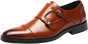 Men's Smart Monk Brogues Genuine Leather Wooden Heel Formal Dress Shoes