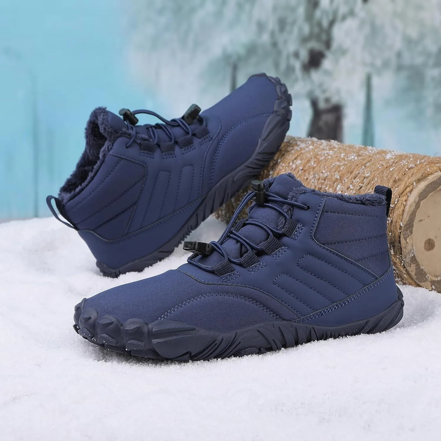 Mens Winter Barefoot Hiking Boots Slip-On Warm Zero Drop Snow Boots with Wide Toe Box Ankle Bootie Cut Minimalist Waterproof Five-Finger Sneakers for Hiking Walking Outdoor Adventures Unisex Design