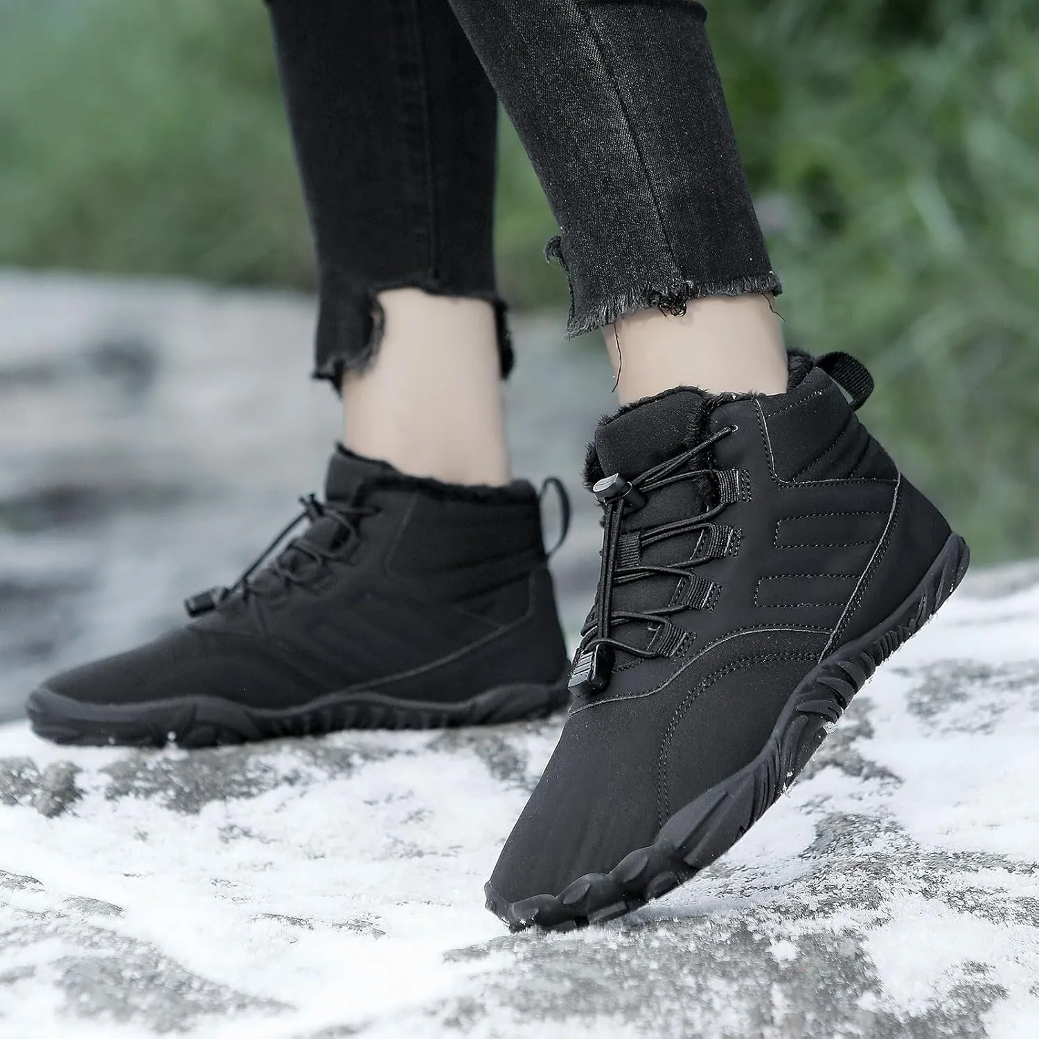 Mens Winter Barefoot Hiking Boots Slip-On Warm Zero Drop Snow Boots with Wide Toe Box Ankle Bootie Cut Minimalist Waterproof Five-Finger Sneakers for Hiking Walking Outdoor Adventures Unisex Design