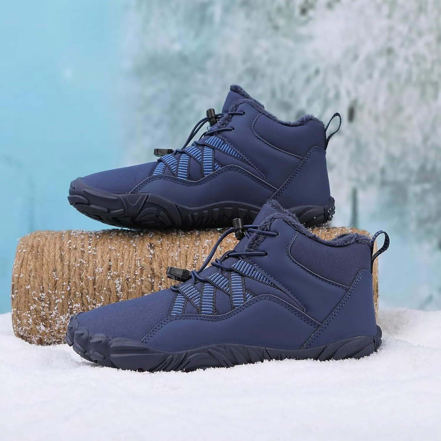 Mens Winter Barefoot Hiking Boots Slip-On Warm Zero Drop Snow Boots with Wide Toe Box Ankle Bootie Cut Minimalist Waterproof Five-Finger Sneakers for Hiking Walking Outdoor Adventures Unisex Design