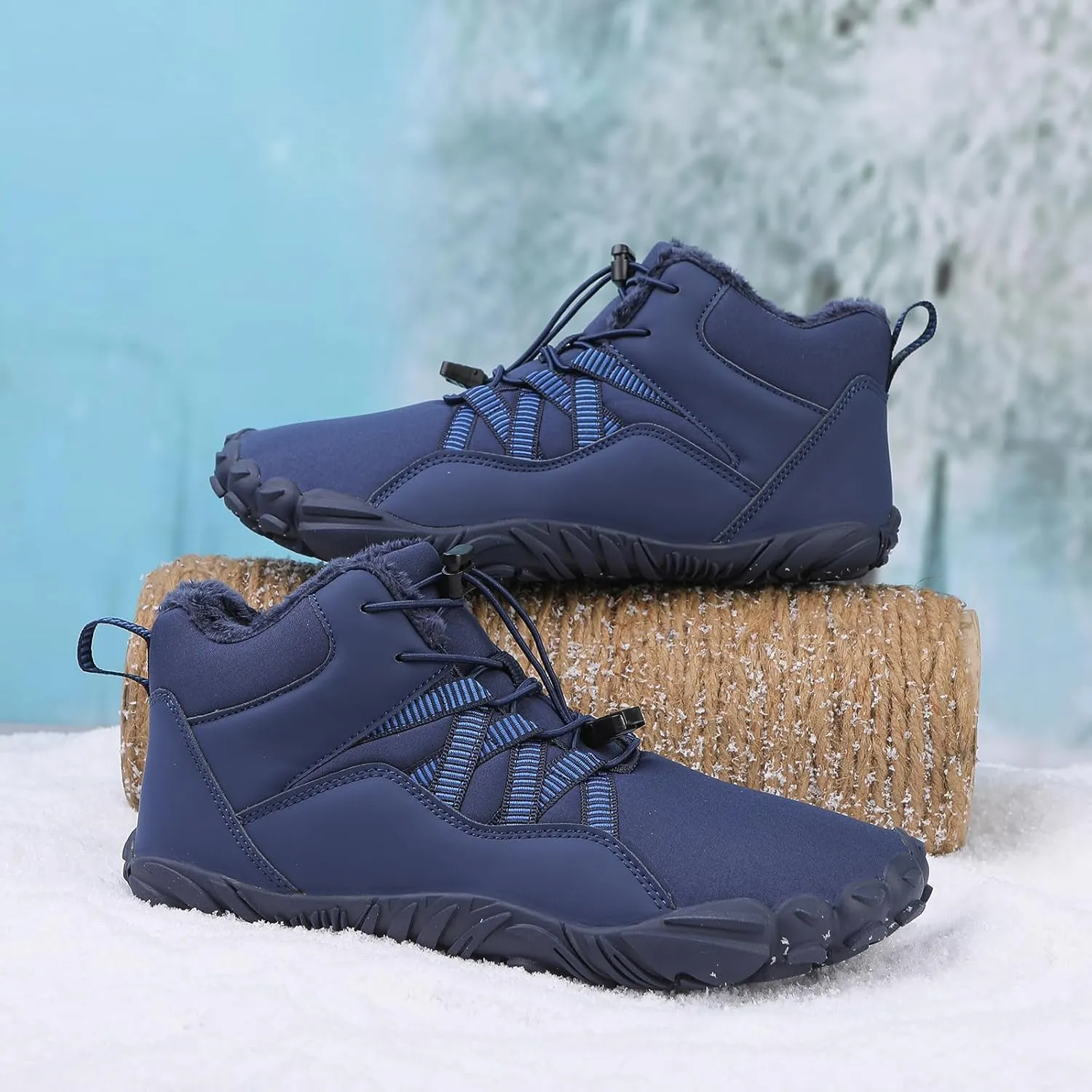 Mens Winter Barefoot Hiking Boots Slip-On Warm Zero Drop Snow Boots with Wide Toe Box Ankle Bootie Cut Minimalist Waterproof Five-Finger Sneakers for Hiking Walking Outdoor Adventures Unisex Design