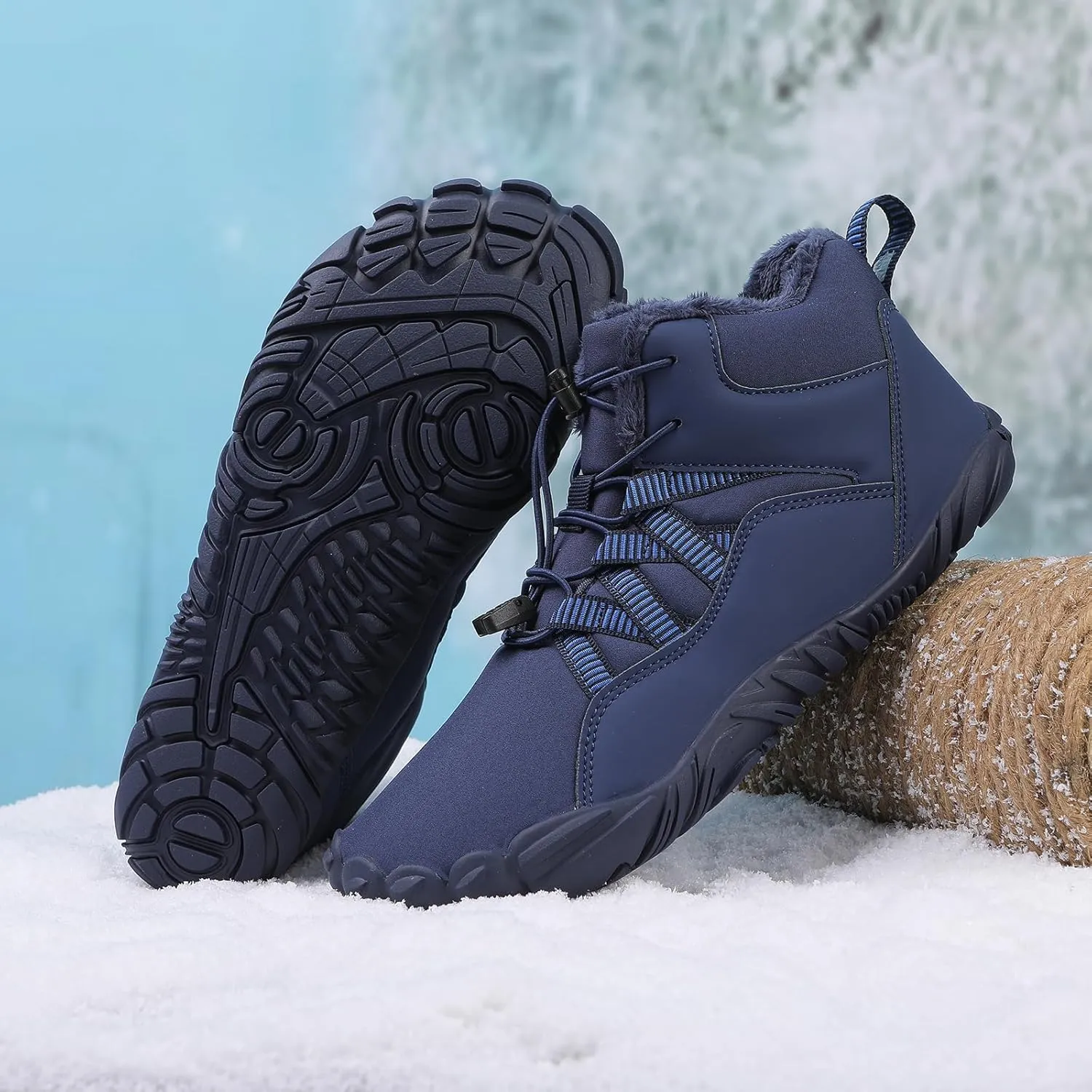 Mens Winter Barefoot Hiking Boots Slip-On Warm Zero Drop Snow Boots with Wide Toe Box Ankle Bootie Cut Minimalist Waterproof Five-Finger Sneakers for Hiking Walking Outdoor Adventures Unisex Design
