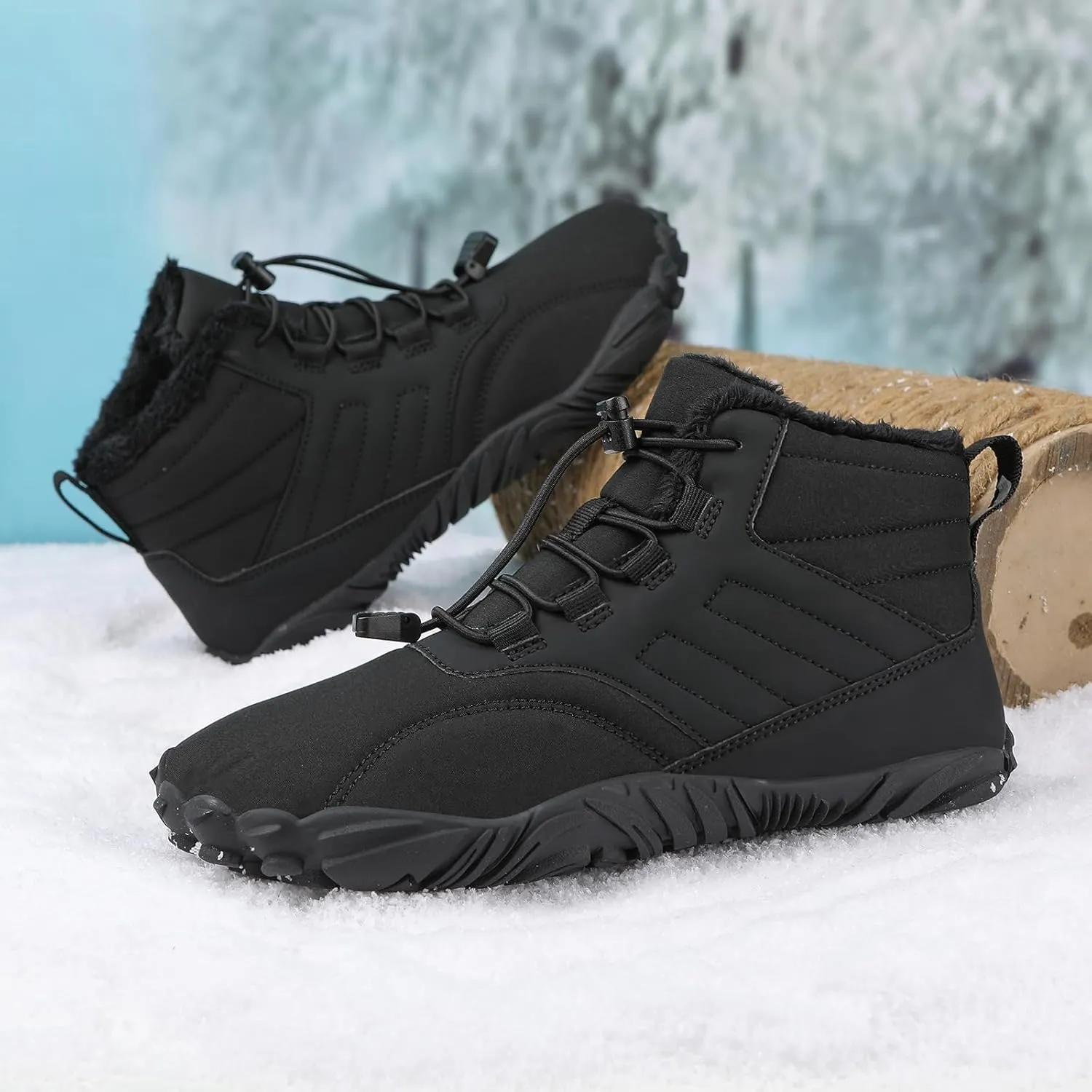 Mens Winter Barefoot Hiking Boots Slip-On Warm Zero Drop Snow Boots with Wide Toe Box Ankle Bootie Cut Minimalist Waterproof Five-Finger Sneakers for Hiking Walking Outdoor Adventures Unisex Design