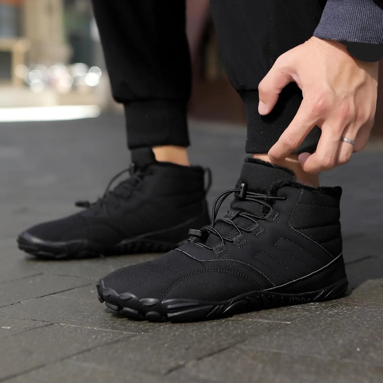 Mens Winter Barefoot Hiking Boots Slip-On Warm Zero Drop Snow Boots with Wide Toe Box Ankle Bootie Cut Minimalist Waterproof Five-Finger Sneakers for Hiking Walking Outdoor Adventures Unisex Design