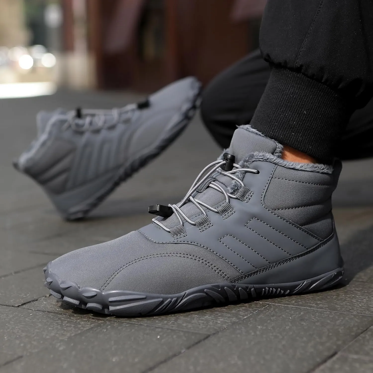 Mens Winter Barefoot Hiking Boots Slip-On Warm Zero Drop Snow Boots with Wide Toe Box Ankle Bootie Cut Minimalist Waterproof Five-Finger Sneakers for Hiking Walking Outdoor Adventures Unisex Design