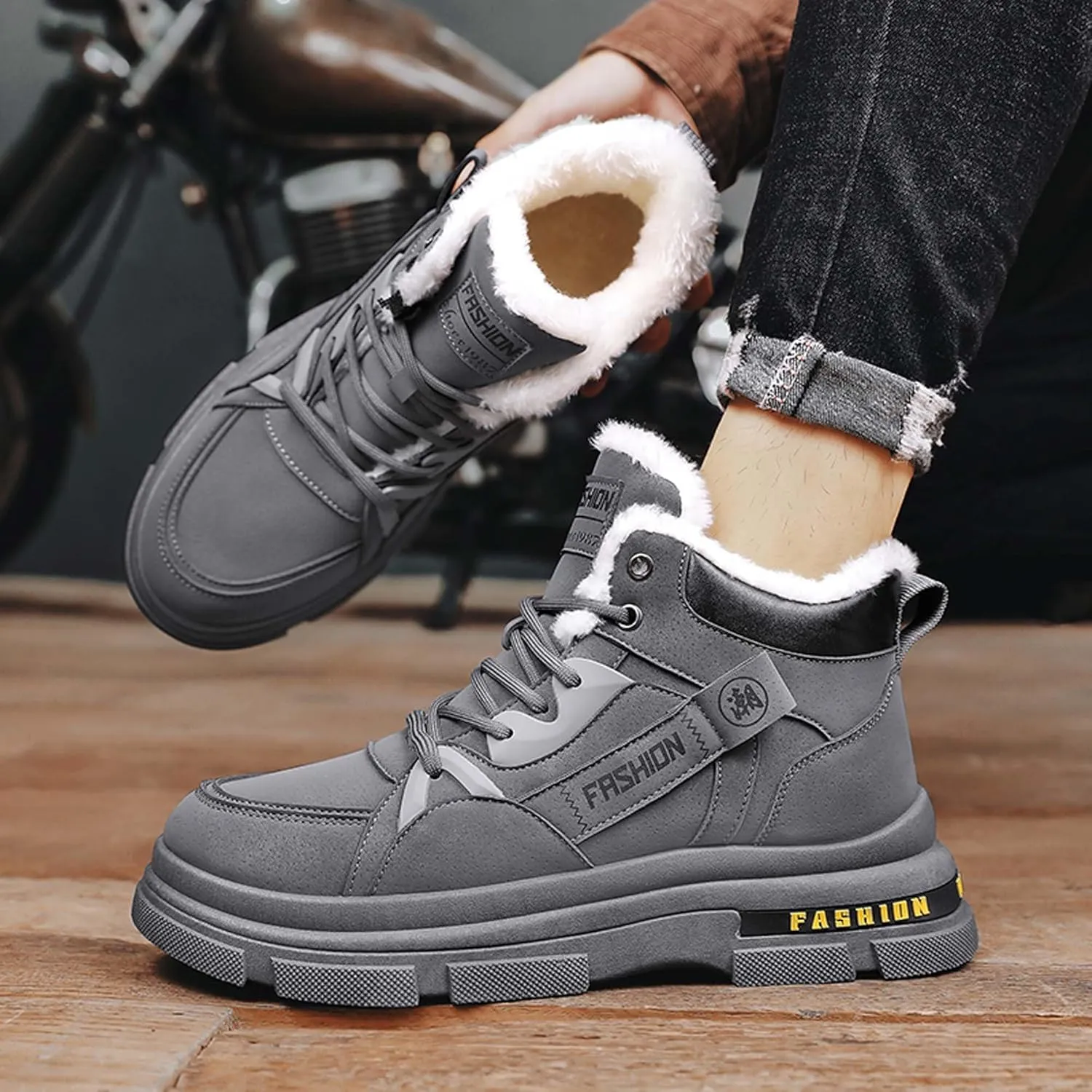Men's Winter Boots Casual Lightweight Waterproof Snow Boots Anti Slip Fur Lining Hiking Backpack Hiking Boots Black