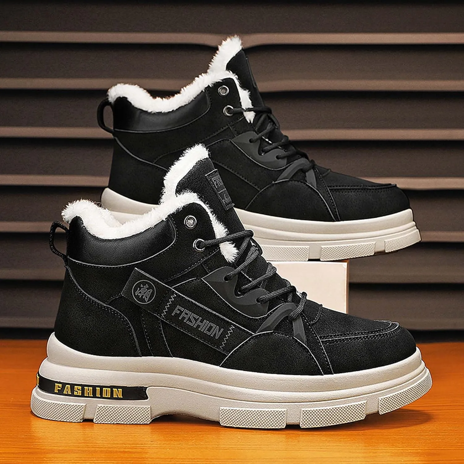 Men's Winter Boots Casual Lightweight Waterproof Snow Boots Anti Slip Fur Lining Hiking Backpack Hiking Boots Black