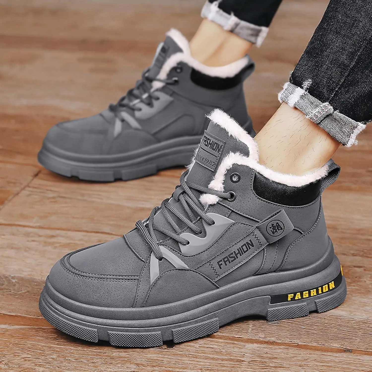 Men's Winter Boots Casual Lightweight Waterproof Snow Boots Anti Slip Fur Lining Hiking Backpack Hiking Boots Black