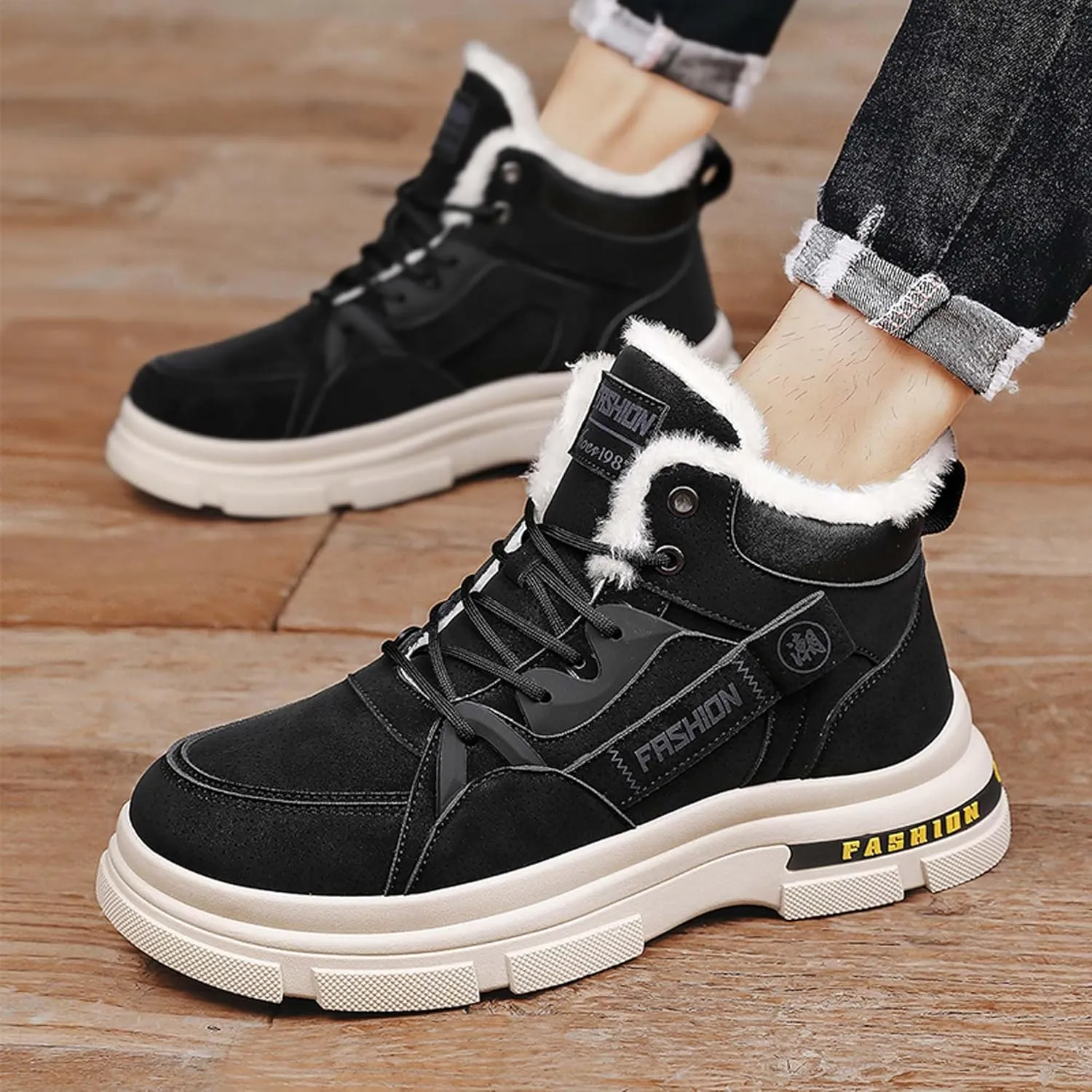 Men's Winter Boots Casual Lightweight Waterproof Snow Boots Anti Slip Fur Lining Hiking Backpack Hiking Boots Black