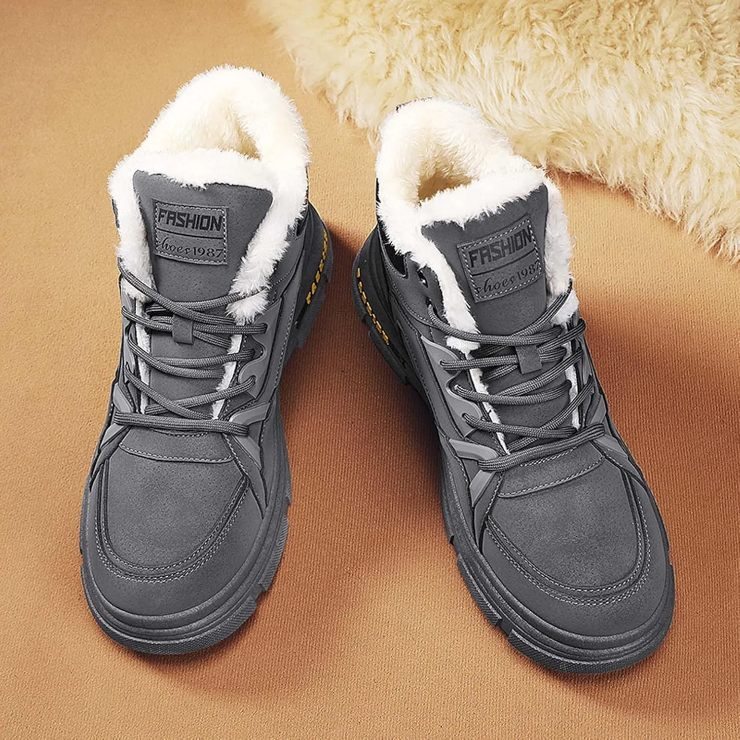 Men's Winter Boots Casual Lightweight Waterproof Snow Boots Anti Slip Fur Lining Hiking Backpack Hiking Boots Black