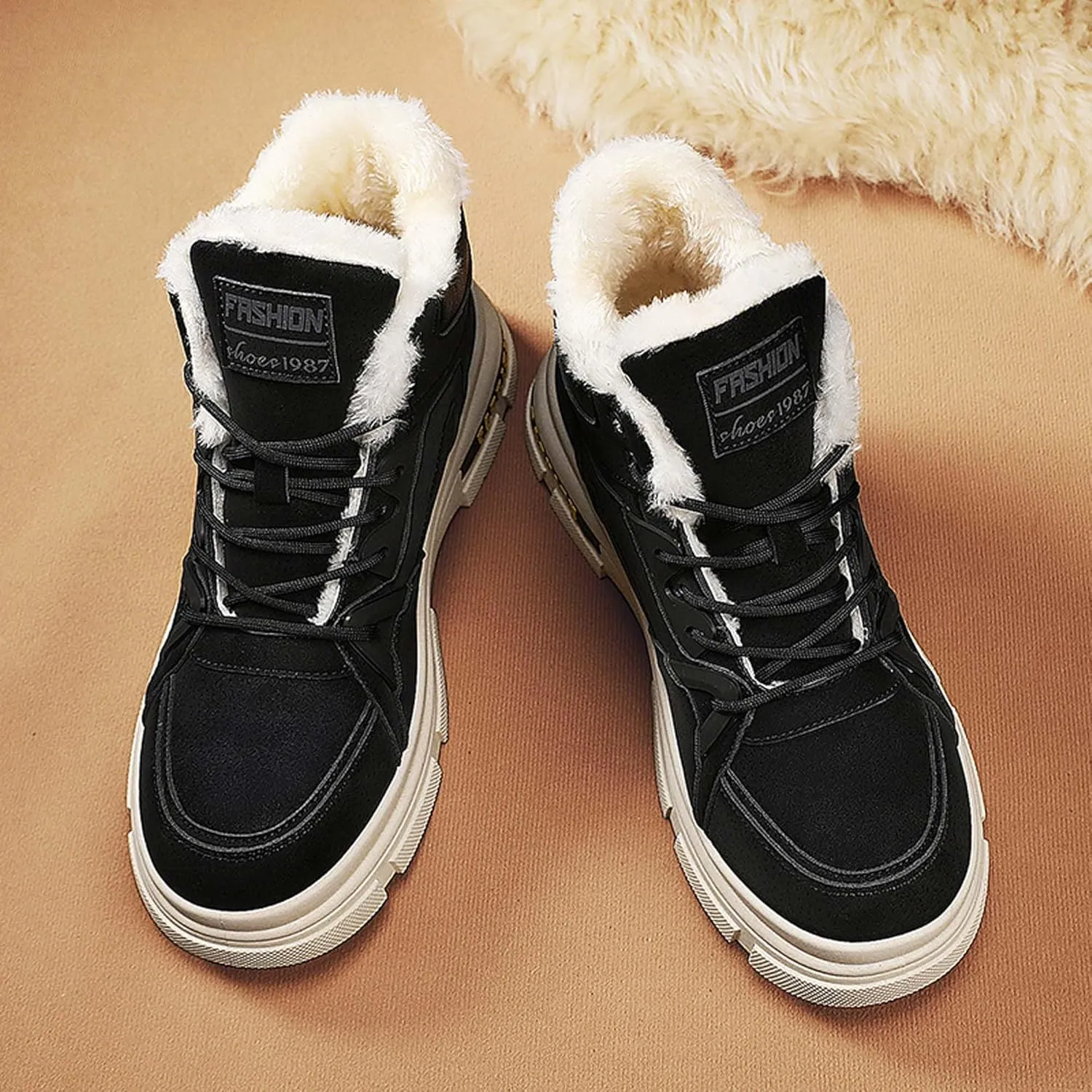 Men's Winter Boots Casual Lightweight Waterproof Snow Boots Anti Slip Fur Lining Hiking Backpack Hiking Boots Black