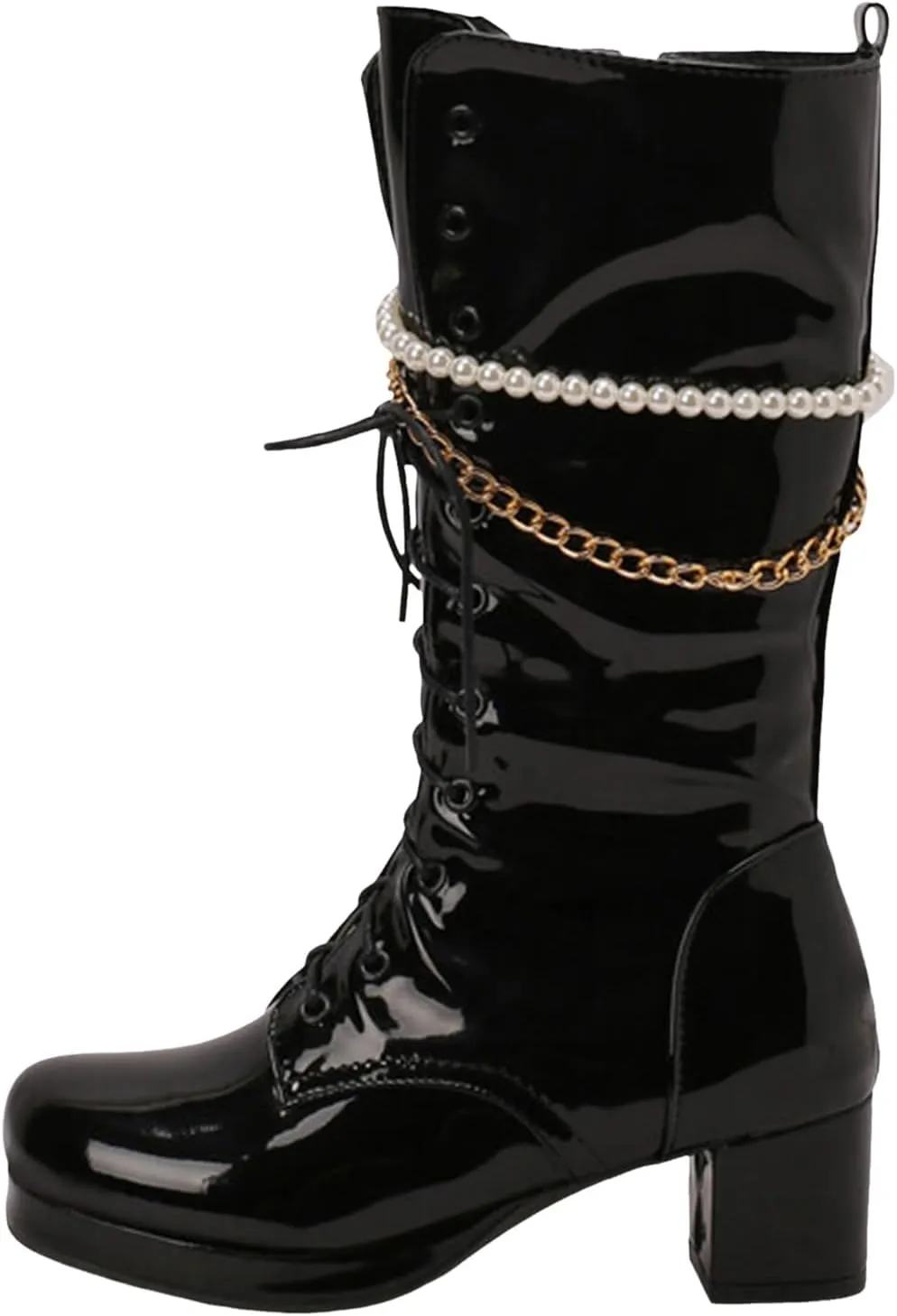 Mid Calf Boots For Women Lace-up Combat Boots Chunky Winter Boot Square Toe Waterproof Boots with Side Zipper