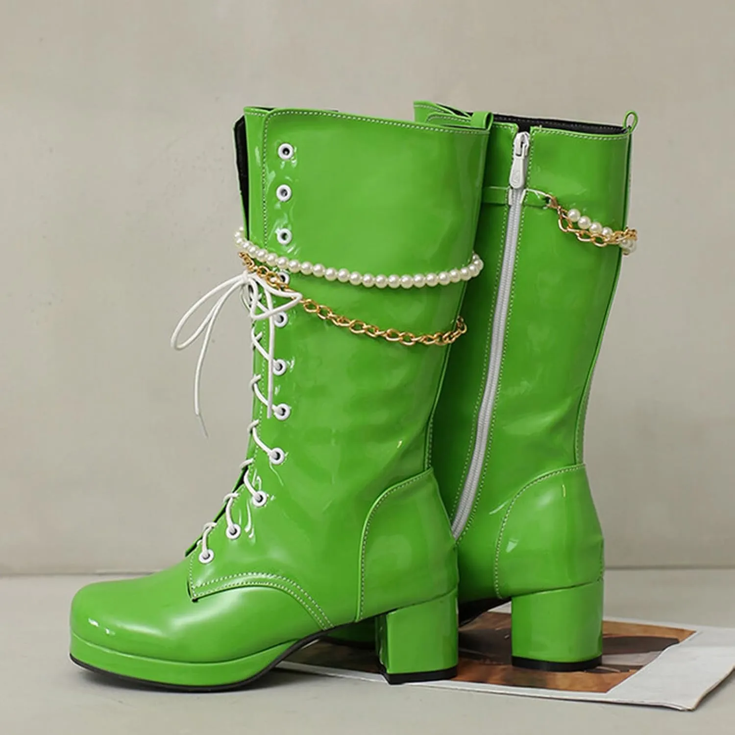 Mid Calf Boots For Women Lace-up Combat Boots Chunky Winter Boot Square Toe Waterproof Boots with Side Zipper