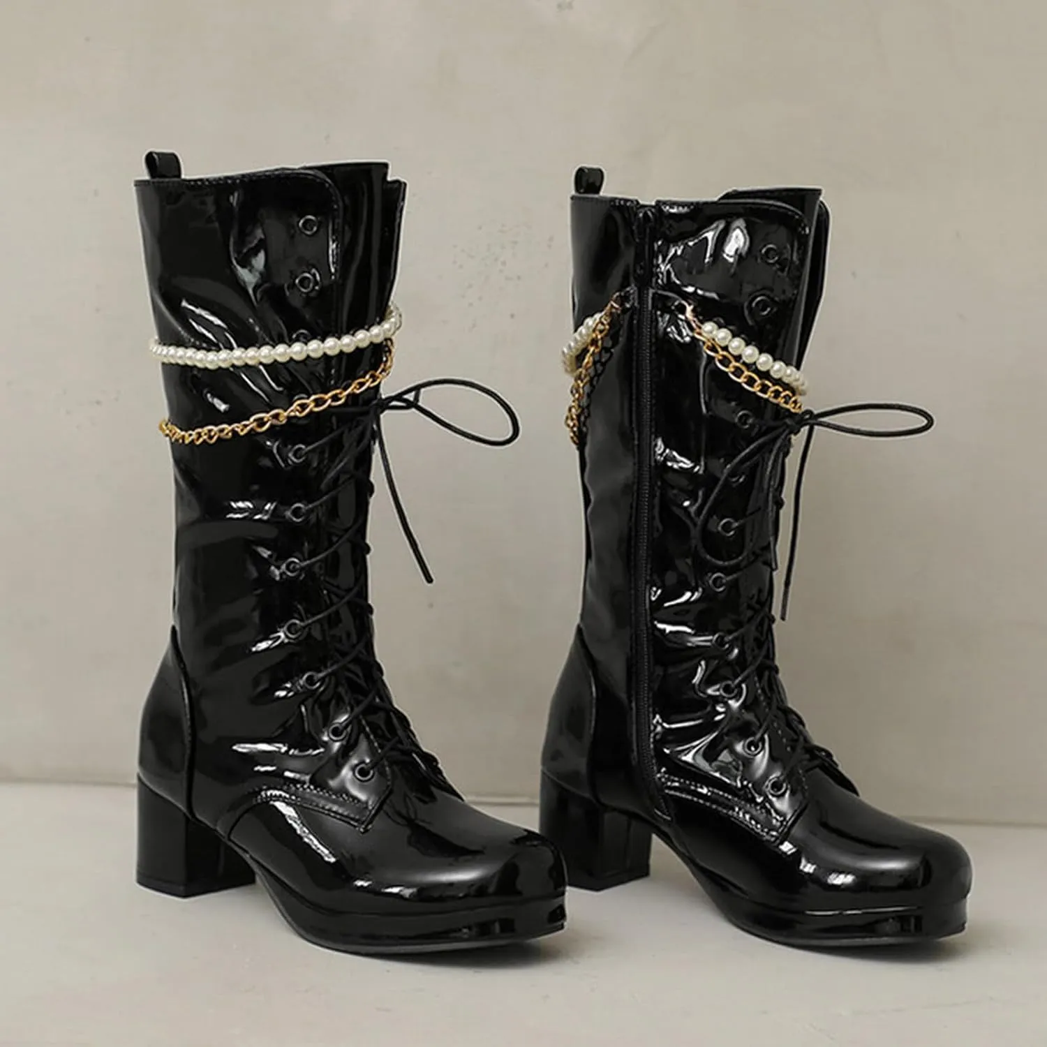 Mid Calf Boots For Women Lace-up Combat Boots Chunky Winter Boot Square Toe Waterproof Boots with Side Zipper