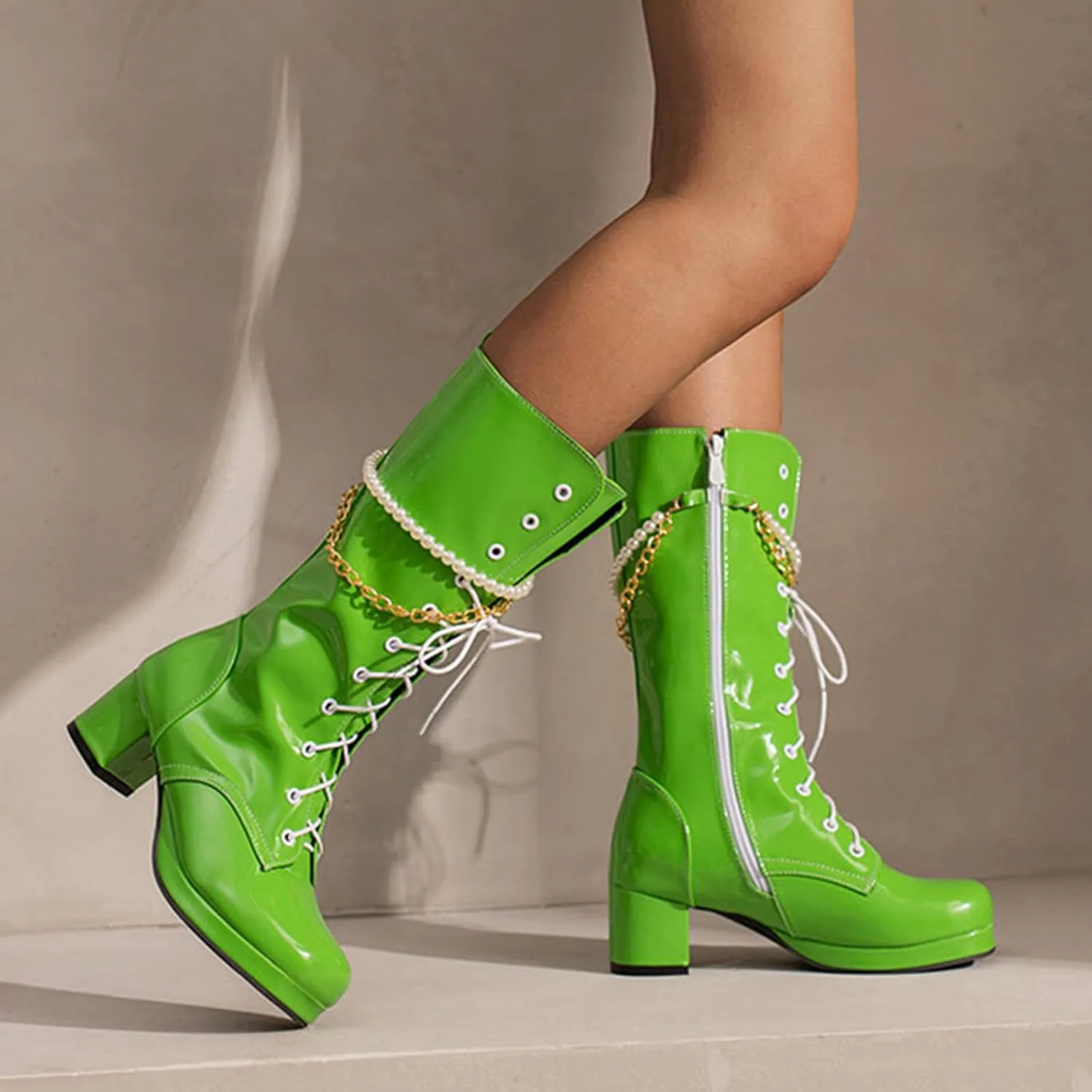 Mid Calf Boots For Women Lace-up Combat Boots Chunky Winter Boot Square Toe Waterproof Boots with Side Zipper