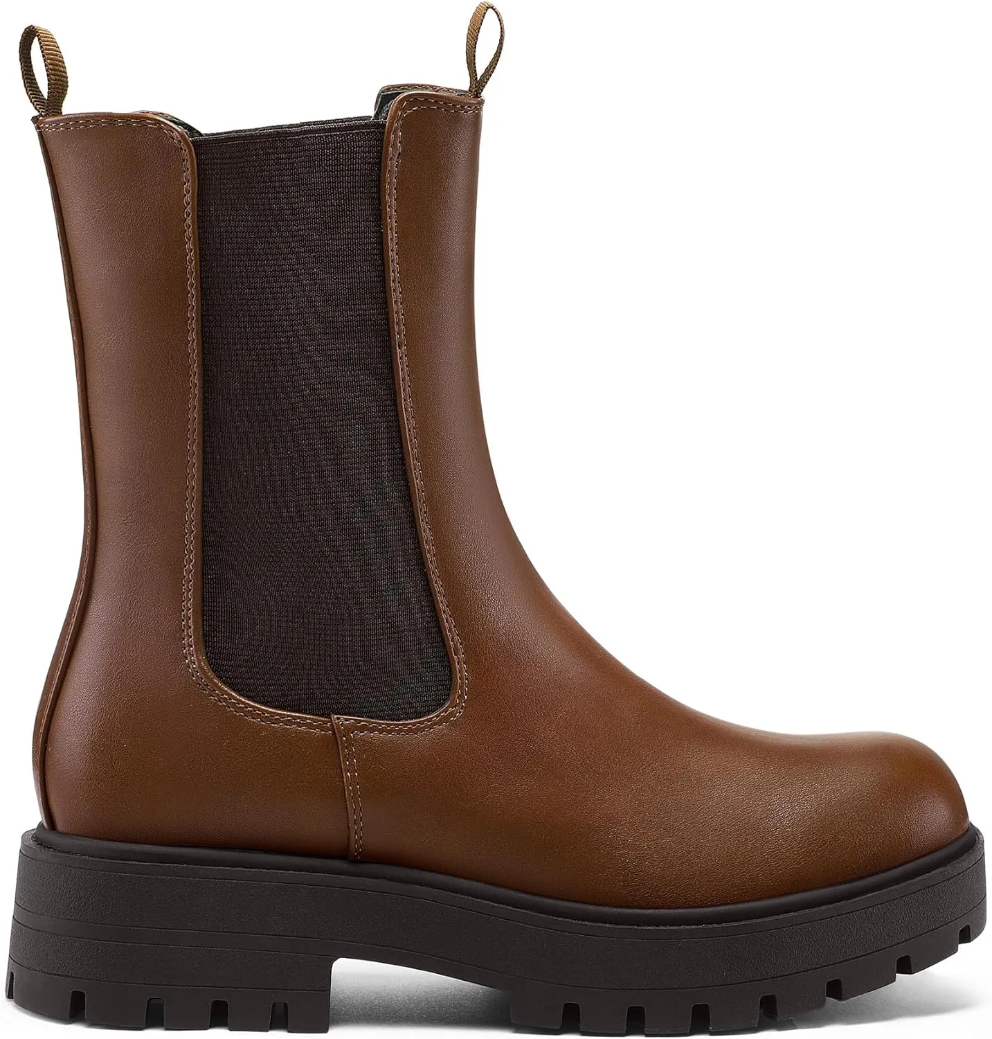 mysoft Women's Chelsea Boots Mid Calf Lug Sole Platform Chunky Heel Slip On Combat Fall Ankle Booties