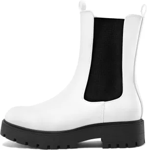 mysoft Women's Chelsea Boots Mid Calf Lug Sole Platform Chunky Heel Slip On Combat Fall Ankle Booties