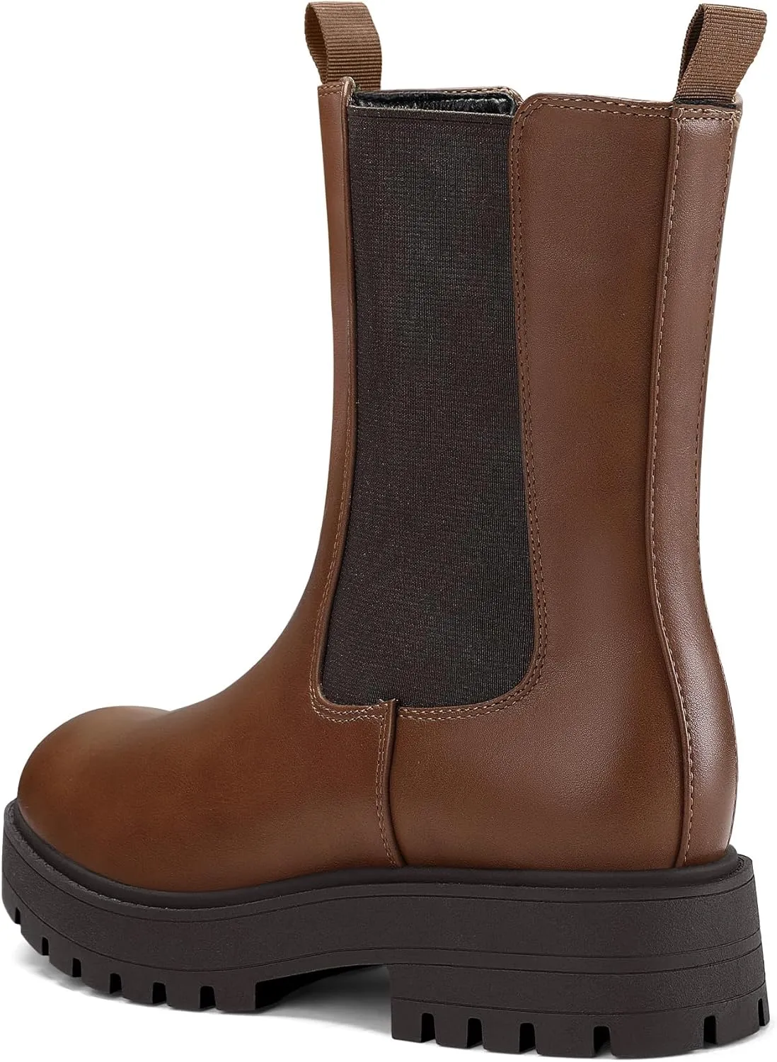 mysoft Women's Chelsea Boots Mid Calf Lug Sole Platform Chunky Heel Slip On Combat Fall Ankle Booties