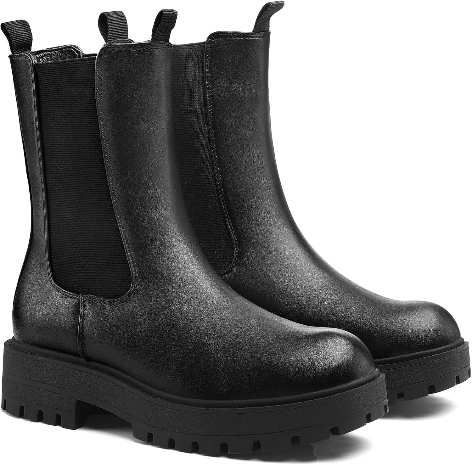 mysoft Women's Chelsea Boots Mid Calf Lug Sole Platform Chunky Heel Slip On Combat Fall Ankle Booties