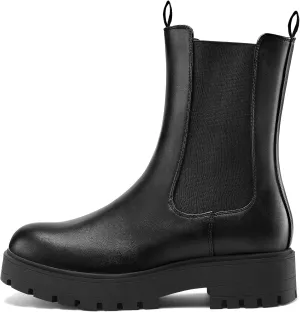 mysoft Women's Chelsea Boots Mid Calf Lug Sole Platform Chunky Heel Slip On Combat Fall Ankle Booties