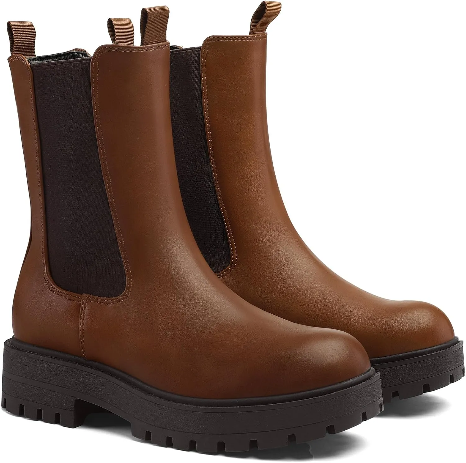 mysoft Women's Chelsea Boots Mid Calf Lug Sole Platform Chunky Heel Slip On Combat Fall Ankle Booties
