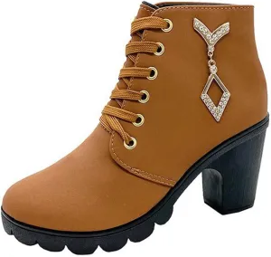 oiangi Chunky Boots for Women Ankle Booties Sparkly Rhinestones Round Toe Cross Lace Up Block High Heel Boots Solid Suede Casual Ladies Non-slip Shoes