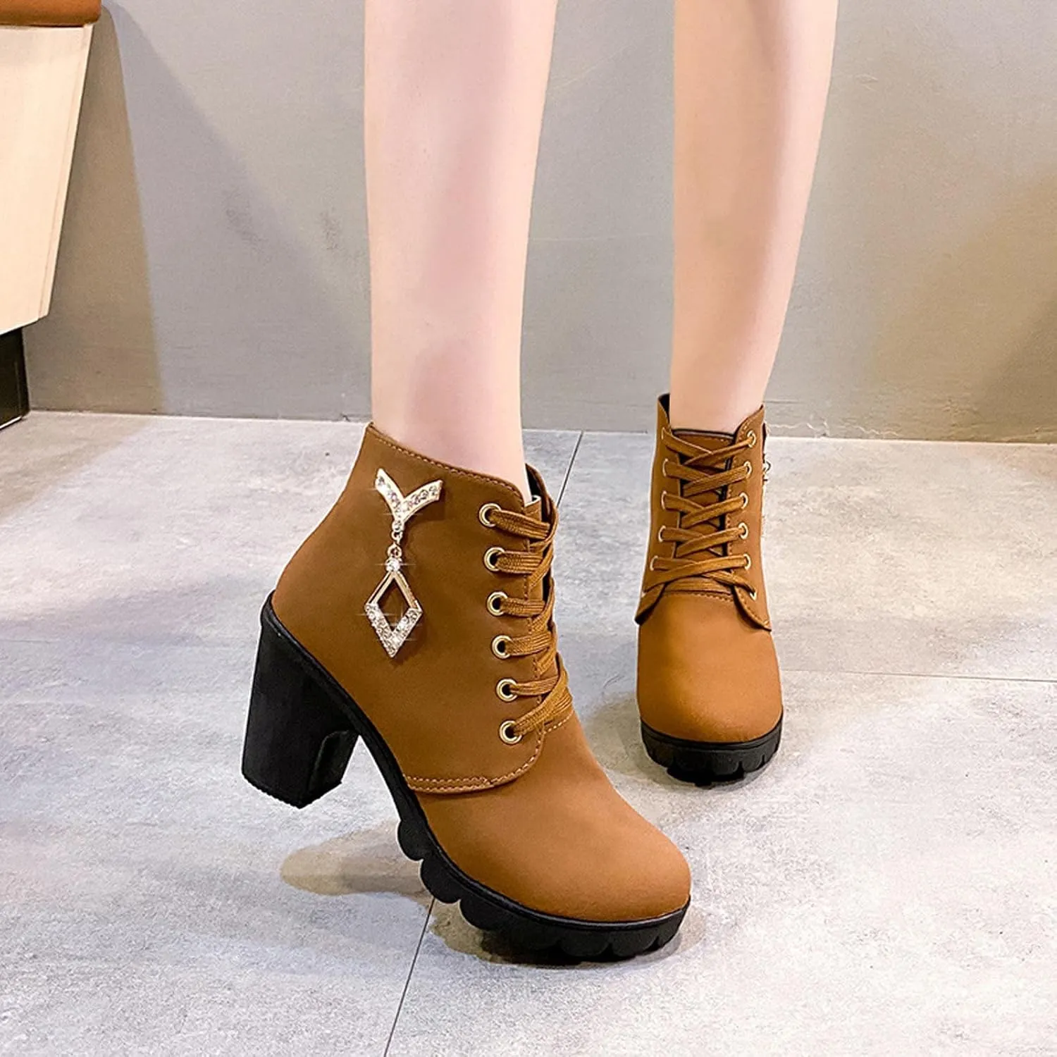 oiangi Chunky Boots for Women Ankle Booties Sparkly Rhinestones Round Toe Cross Lace Up Block High Heel Boots Solid Suede Casual Ladies Non-slip Shoes
