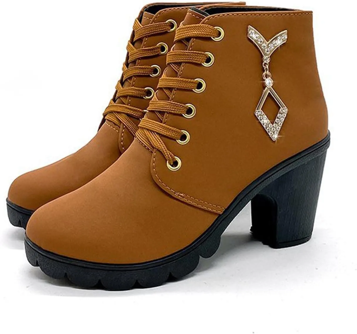 oiangi Chunky Boots for Women Ankle Booties Sparkly Rhinestones Round Toe Cross Lace Up Block High Heel Boots Solid Suede Casual Ladies Non-slip Shoes