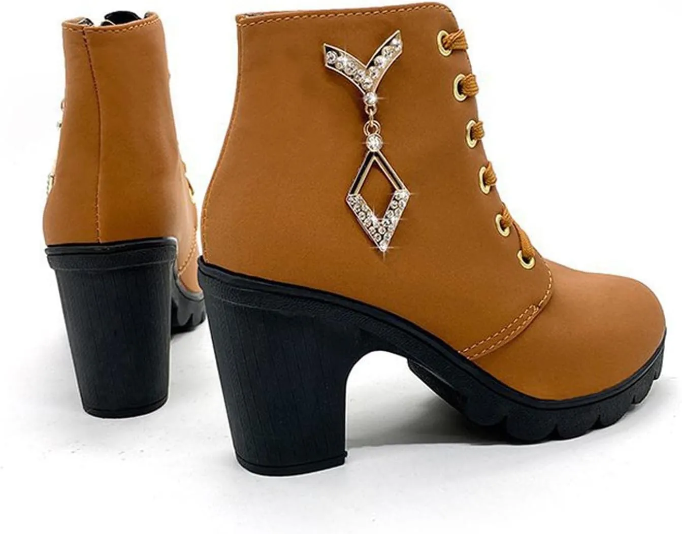 oiangi Chunky Boots for Women Ankle Booties Sparkly Rhinestones Round Toe Cross Lace Up Block High Heel Boots Solid Suede Casual Ladies Non-slip Shoes