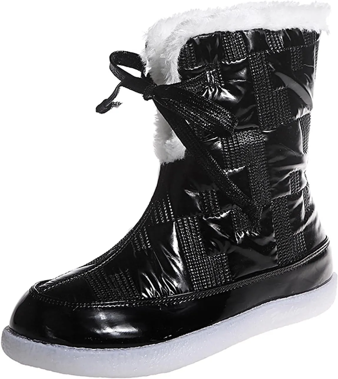 oiangi Flat Snow Boots for Women Fashion Round Toe Cutout Lace up Platform Mid Calf Boots Winter Plush Keeps Warm Comfortable Casual Shoes